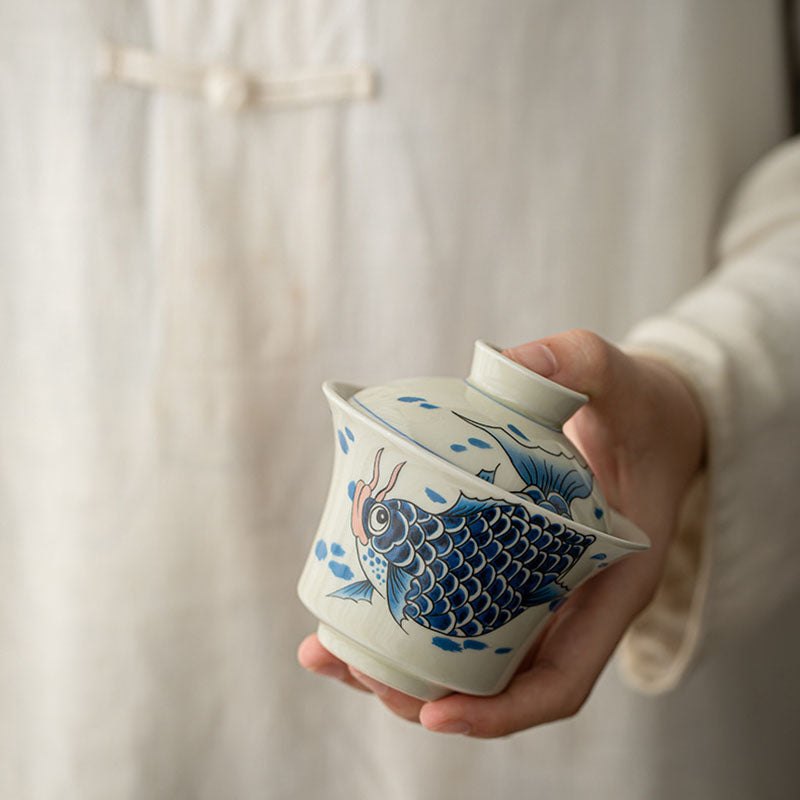 Rote Keramik-Gaiwan-Teetasse mit Koi-Fisch, 130 ml, für Teerituale