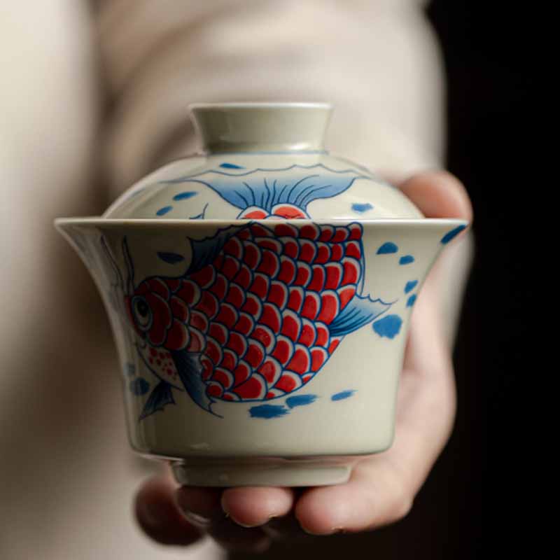 Rote Keramik-Gaiwan-Teetasse mit Koi-Fisch, 130 ml, für Teerituale