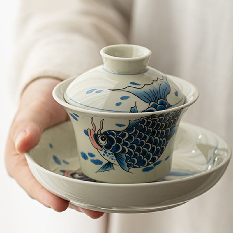 Rote Keramik-Gaiwan-Teetasse mit Koi-Fisch, 130 ml, für Teerituale