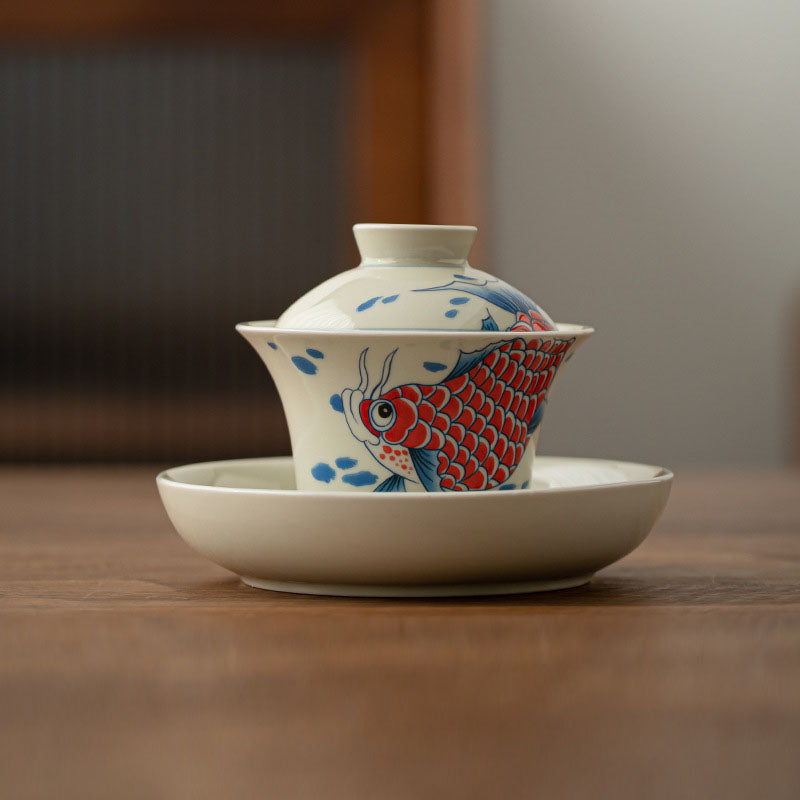 Rote Keramik-Gaiwan-Teetasse mit Koi-Fisch, 130 ml, für Teerituale