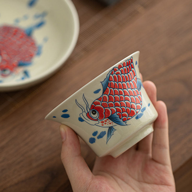 Rote Keramik-Gaiwan-Teetasse mit Koi-Fisch, 130 ml, für Teerituale