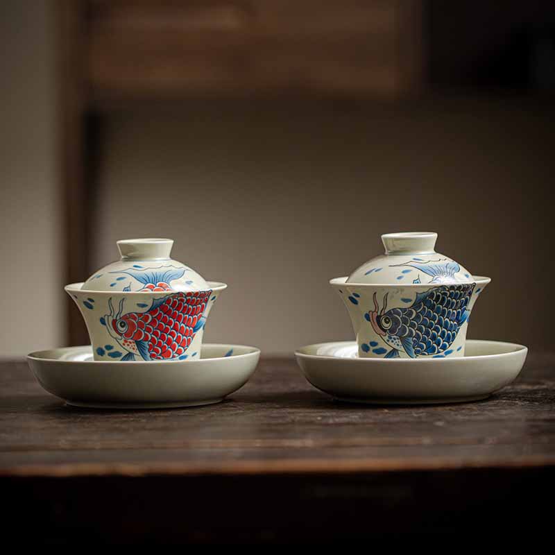Rote Keramik-Gaiwan-Teetasse mit Koi-Fisch, 130 ml, für Teerituale