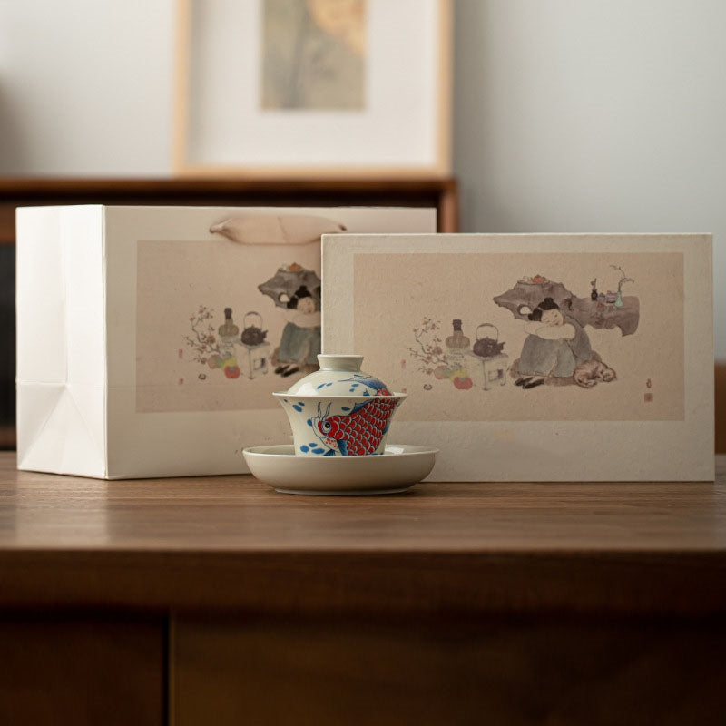 Rote Keramik-Gaiwan-Teetasse mit Koi-Fisch, 130 ml, für Teerituale
