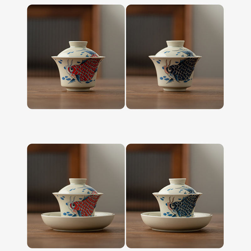 Rote Keramik-Gaiwan-Teetasse mit Koi-Fisch, 130 ml, für Teerituale