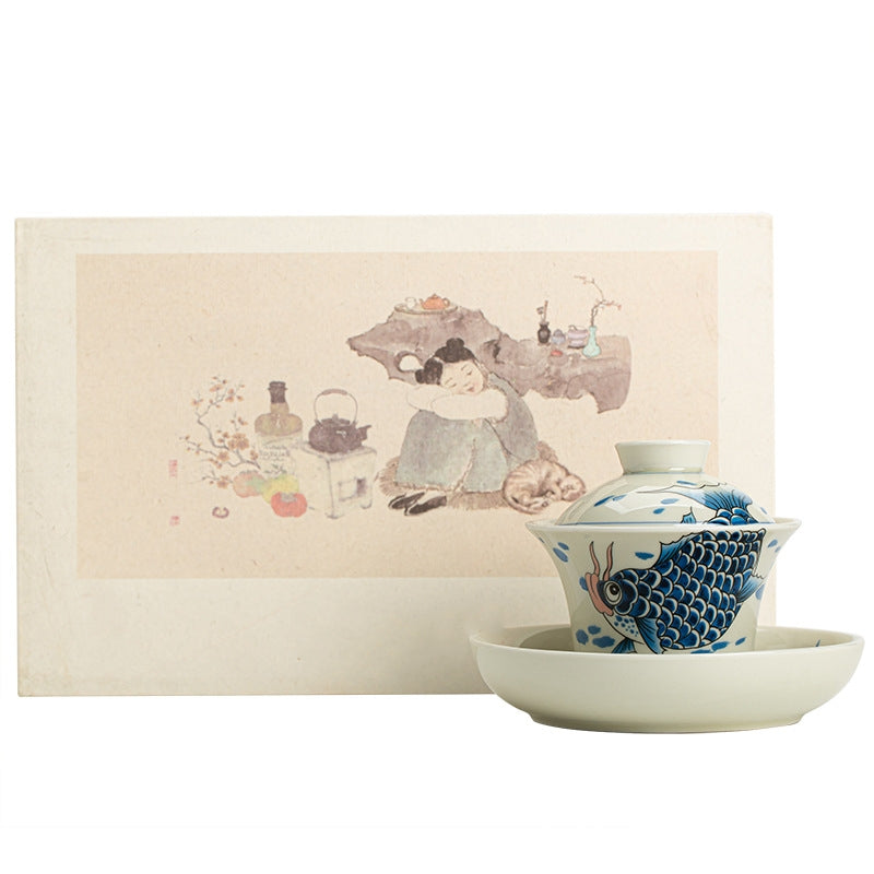 Rote Keramik-Gaiwan-Teetasse mit Koi-Fisch, 130 ml, für Teerituale