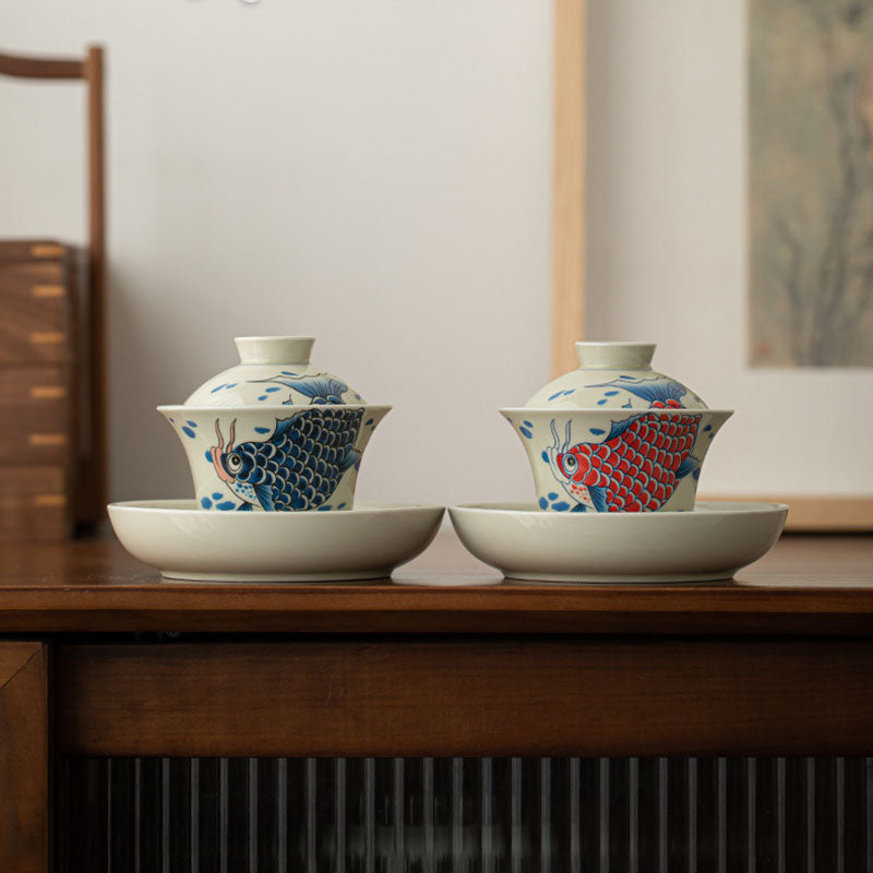 Rote Keramik-Gaiwan-Teetasse mit Koi-Fisch, 130 ml, für Teerituale