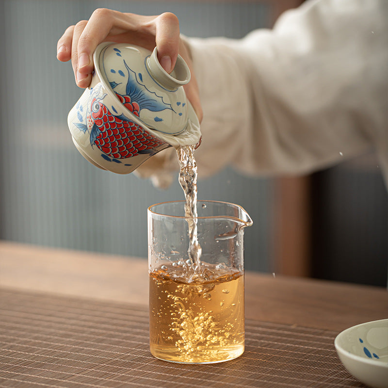Rote Keramik-Gaiwan-Teetasse mit Koi-Fisch, 130 ml, für Teerituale