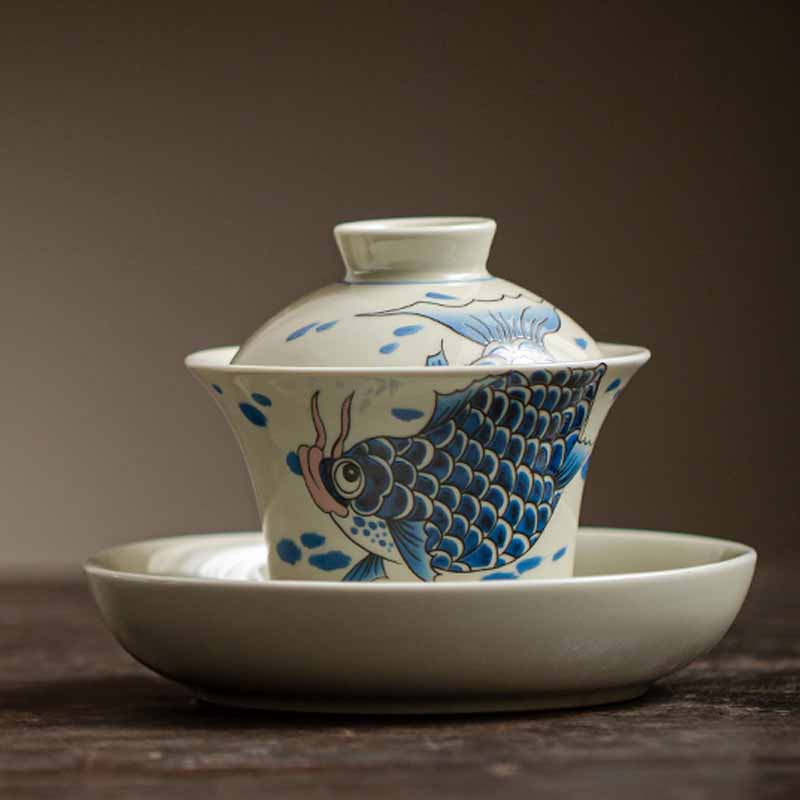 Rote Keramik-Gaiwan-Teetasse mit Koi-Fisch, 130 ml, für Teerituale