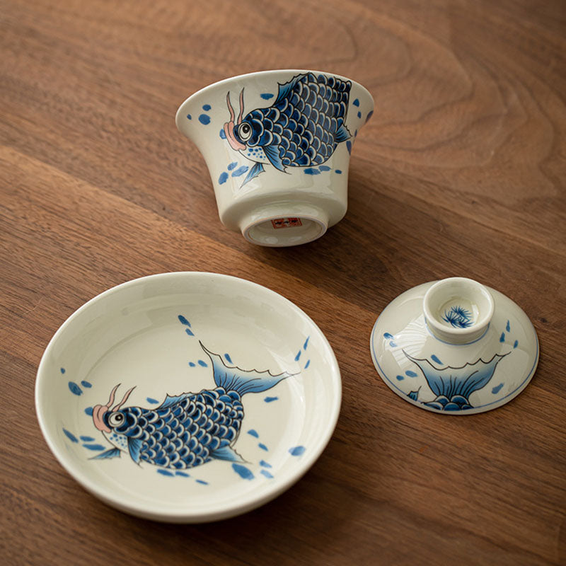 Rote Keramik-Gaiwan-Teetasse mit Koi-Fisch, 130 ml, für Teerituale