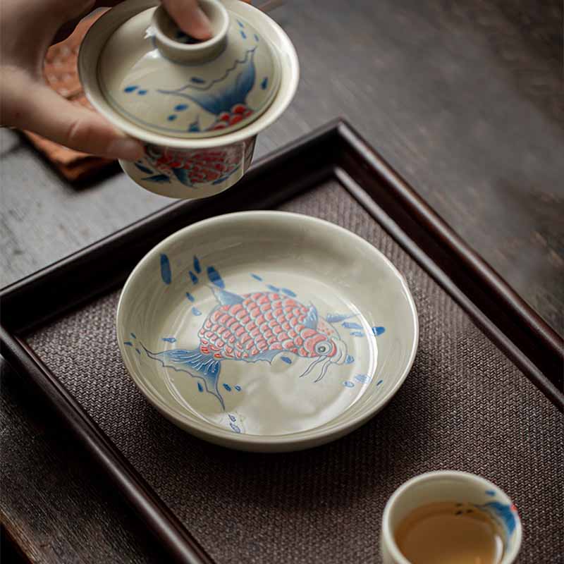 Rote Keramik-Gaiwan-Teetasse mit Koi-Fisch, 130 ml, für Teerituale