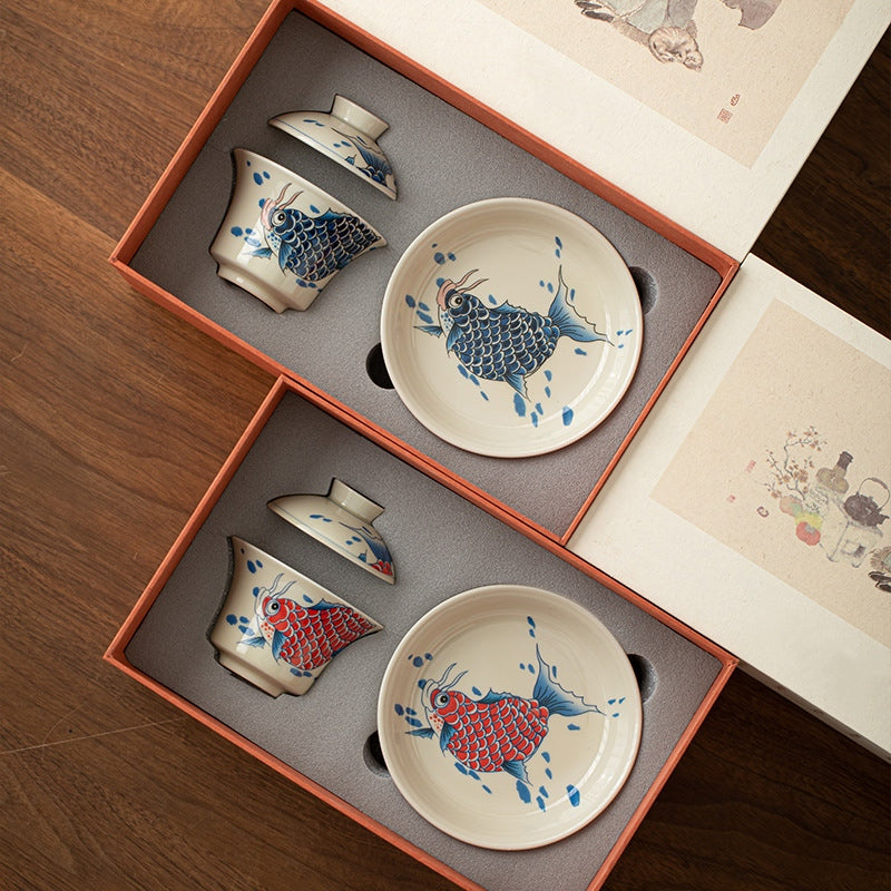 Rote Keramik-Gaiwan-Teetasse mit Koi-Fisch, 130 ml, für Teerituale