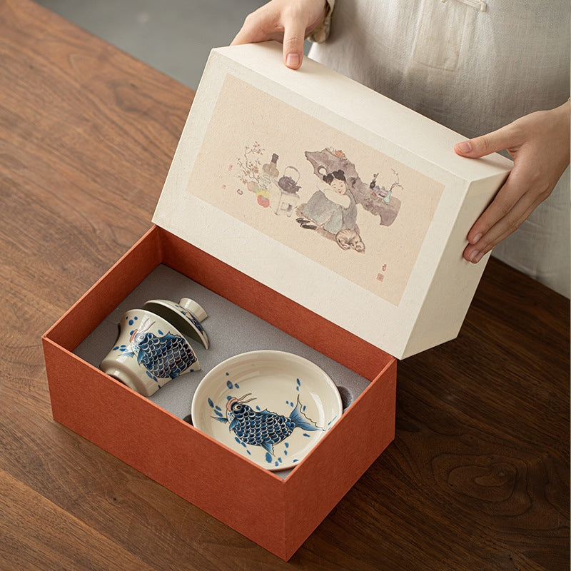 Rote Keramik-Gaiwan-Teetasse mit Koi-Fisch, 130 ml, für Teerituale