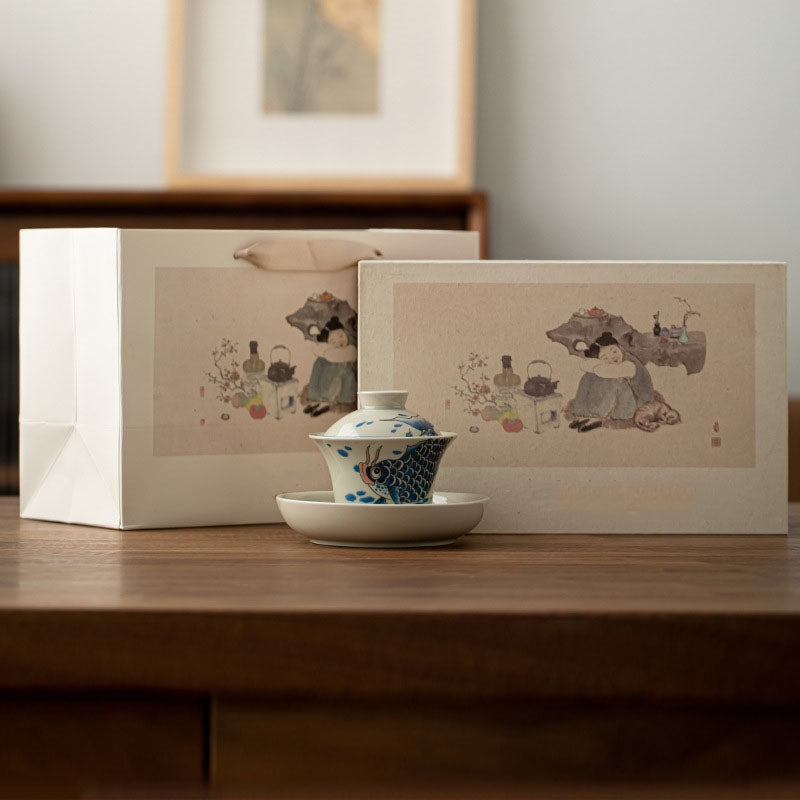 Rote Keramik-Gaiwan-Teetasse mit Koi-Fisch, 130 ml, für Teerituale