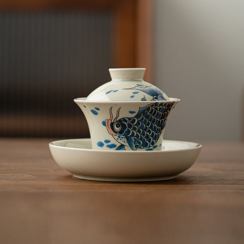 Rote Keramik-Gaiwan-Teetasse mit Koi-Fisch, 130 ml, für Teerituale