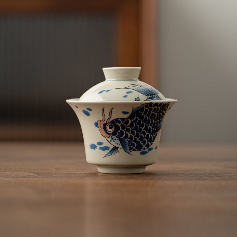 Rote Keramik-Gaiwan-Teetasse mit Koi-Fisch, 130 ml, für Teerituale