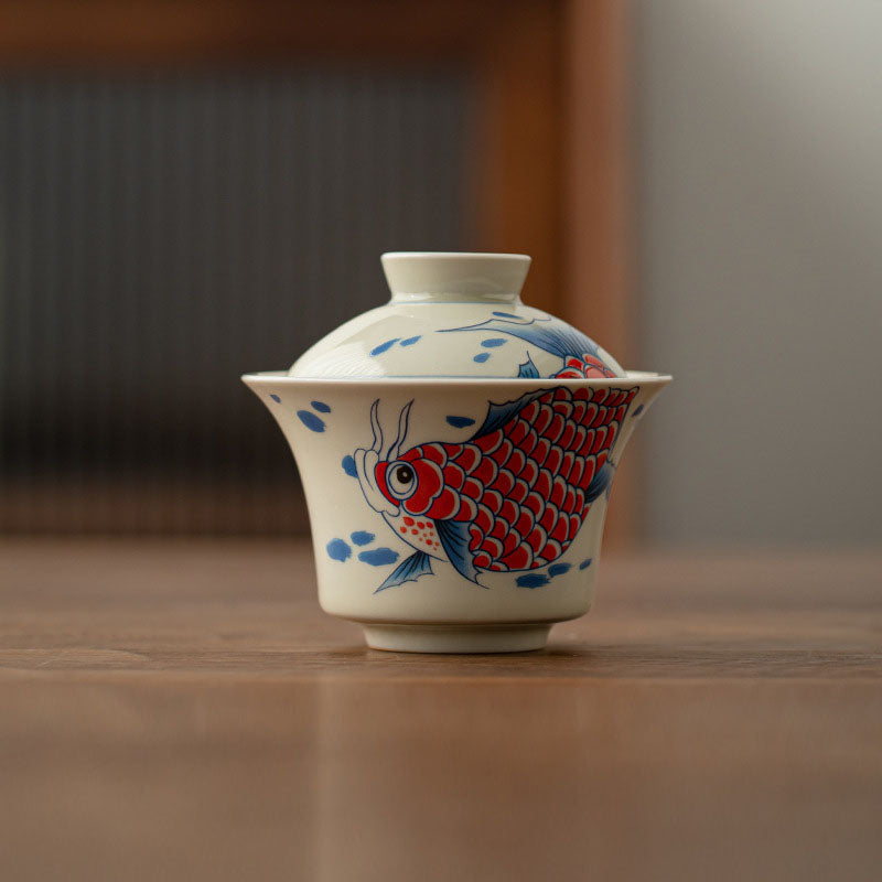 Rote Keramik-Gaiwan-Teetasse mit Koi-Fisch, 130 ml, für Teerituale