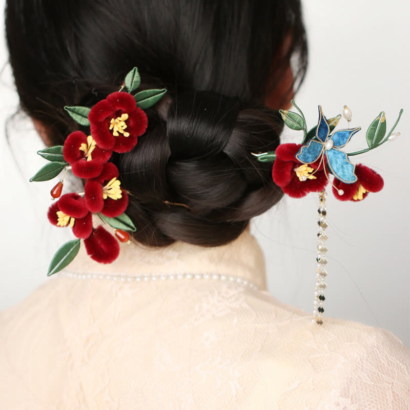 Rote Blume Blauer Schmetterling Chinesische Haarnadel | Symbolische Haarnadel