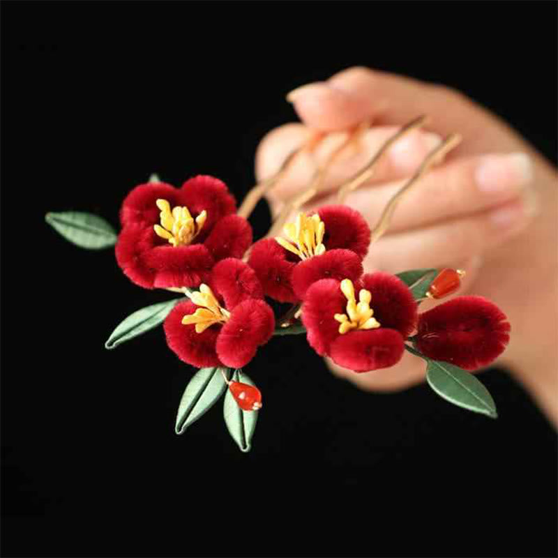 Rote Blume Blauer Schmetterling Chinesische Haarnadel | Symbolische Haarnadel