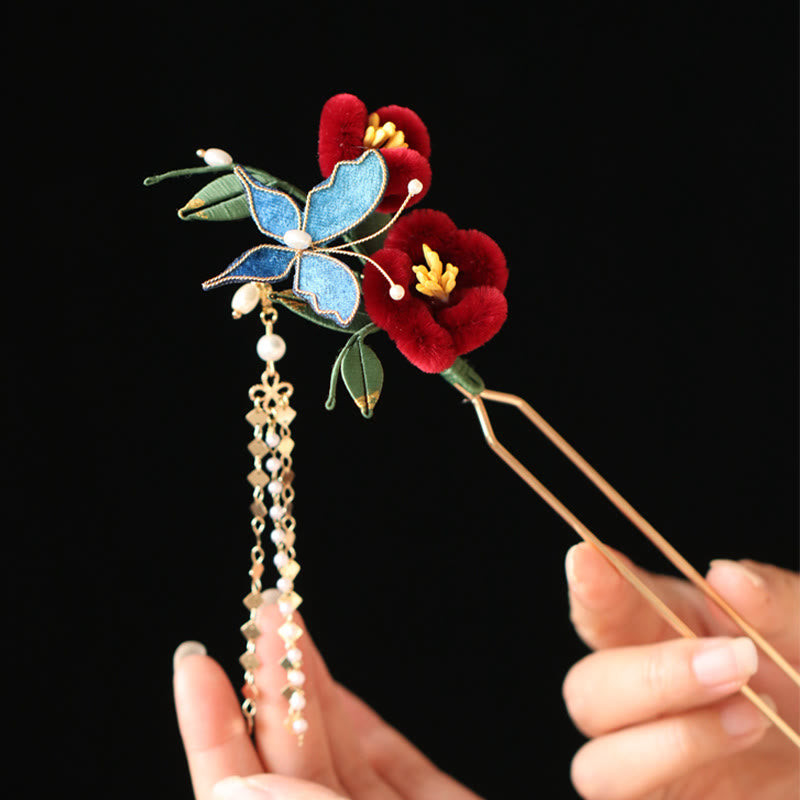 Rote Blume Blauer Schmetterling Chinesische Haarnadel | Symbolische Haarnadel