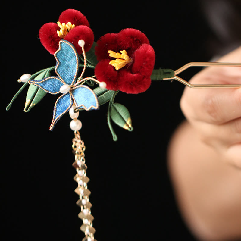 Rote Blume Blauer Schmetterling Chinesische Haarnadel | Symbolische Haarnadel