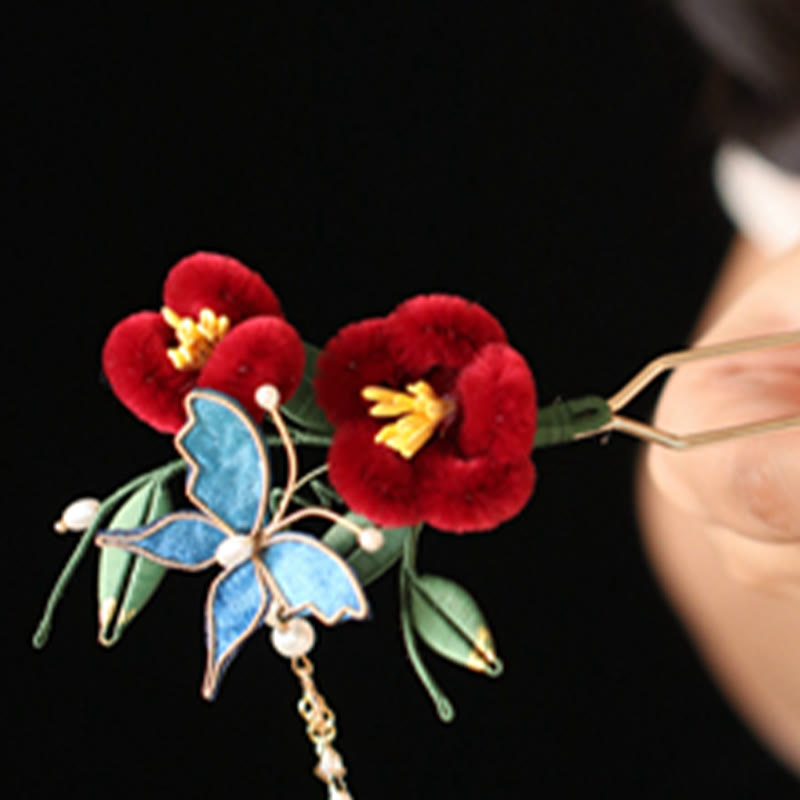 Rote Blume Blauer Schmetterling Chinesische Haarnadel | Symbolische Haarnadel