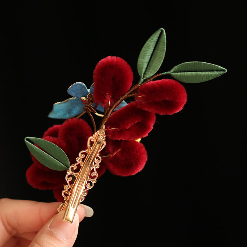 Rote Blume Blauer Schmetterling Chinesische Haarnadel | Symbolische Haarnadel
