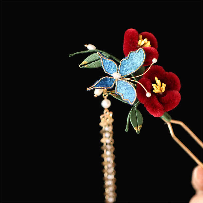 Rote Blume Blauer Schmetterling Chinesische Haarnadel | Symbolische Haarnadel