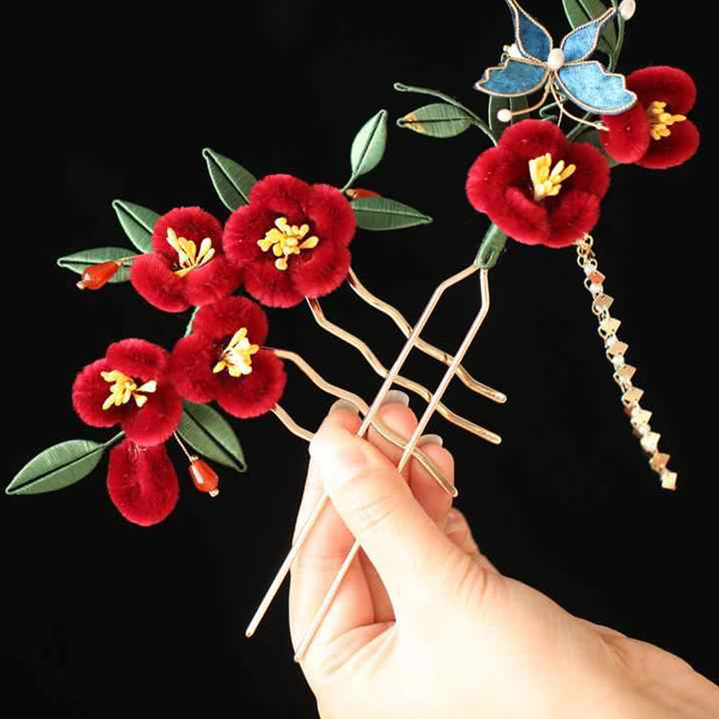 Rote Blume Blauer Schmetterling Chinesische Haarnadel | Symbolische Haarnadel