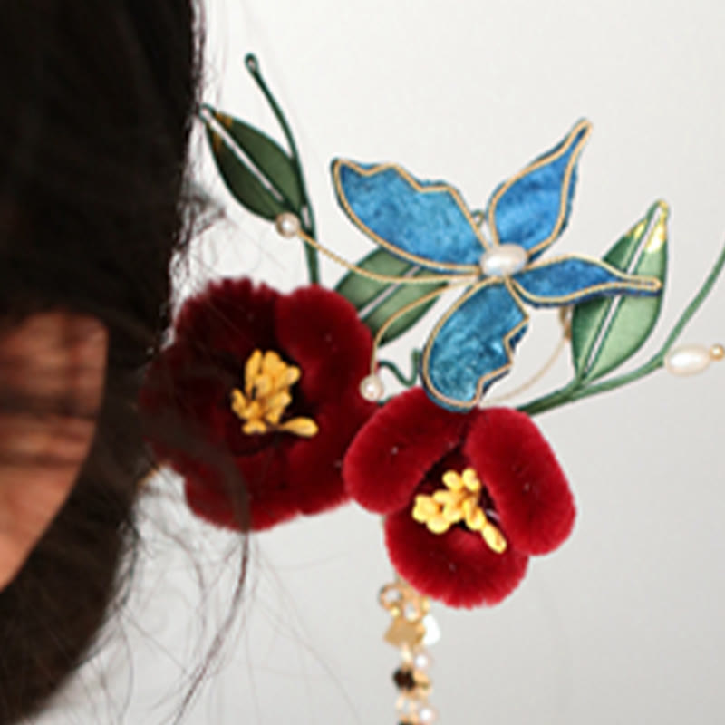 Rote Blume Blauer Schmetterling Chinesische Haarnadel | Symbolische Haarnadel