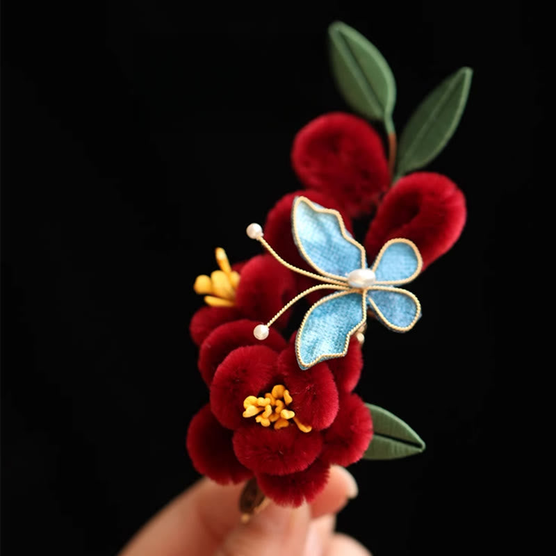Rote Blume Blauer Schmetterling Chinesische Haarnadel | Symbolische Haarnadel