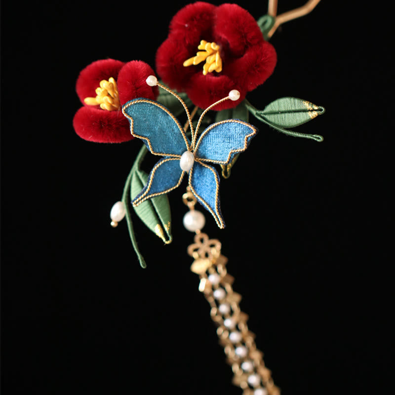 Rote Blume Blauer Schmetterling Chinesische Haarnadel | Symbolische Haarnadel