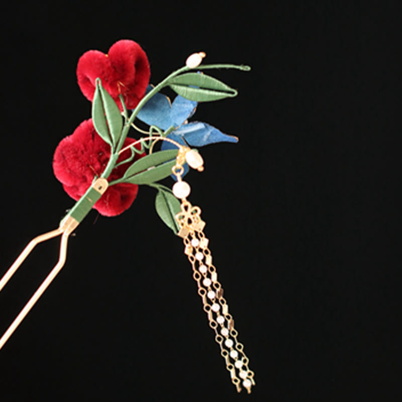 Rote Blume Blauer Schmetterling Chinesische Haarnadel | Symbolische Haarnadel