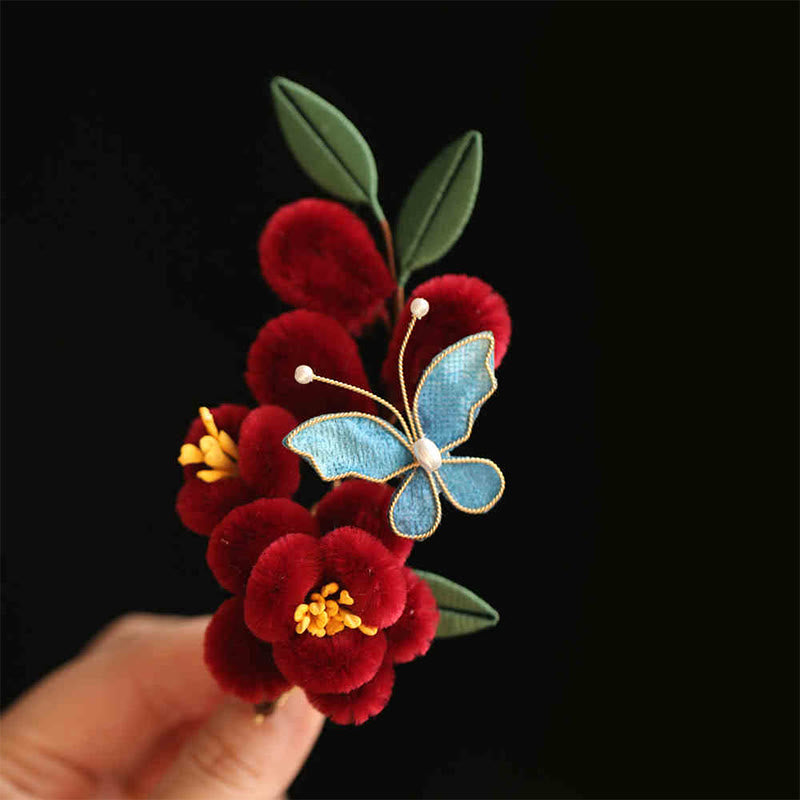 Rote Blume Blauer Schmetterling Chinesische Haarnadel | Symbolische Haarnadel