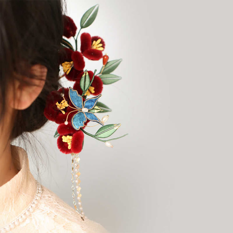 Rote Blume Blauer Schmetterling Chinesische Haarnadel | Symbolische Haarnadel