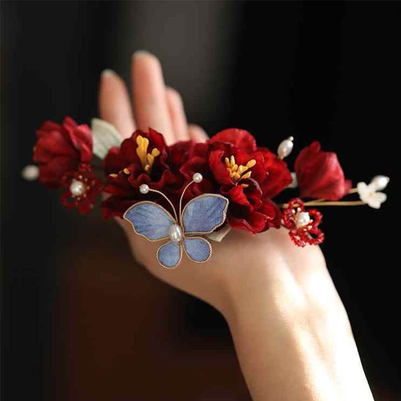 Rote Blume Schmetterling chinesische Hochzeit Haarspange für Braut