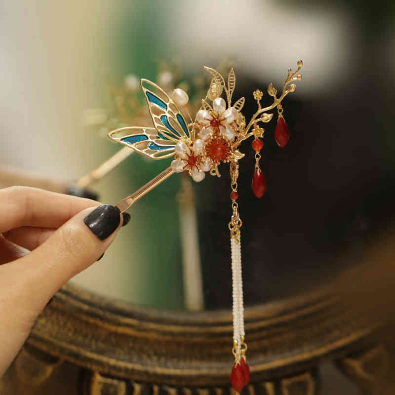 Rote Blume Schmetterling Perle Quaste Haarspange Kamm Krone, spiritueller Schmuck