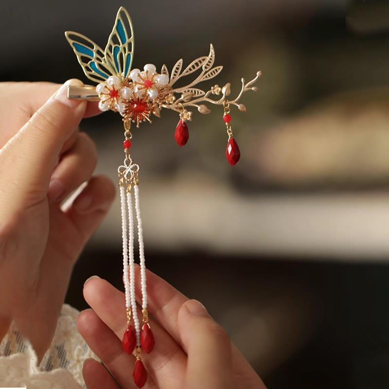 Rote Blume Schmetterling Perle Quaste Haarspange Kamm Krone, spiritueller Schmuck