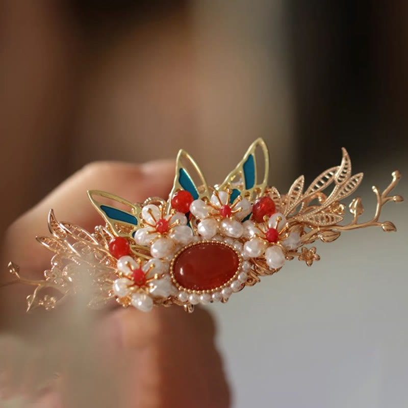 Rote Blume Schmetterling Perle Quaste Haarspange Kamm Krone, spiritueller Schmuck
