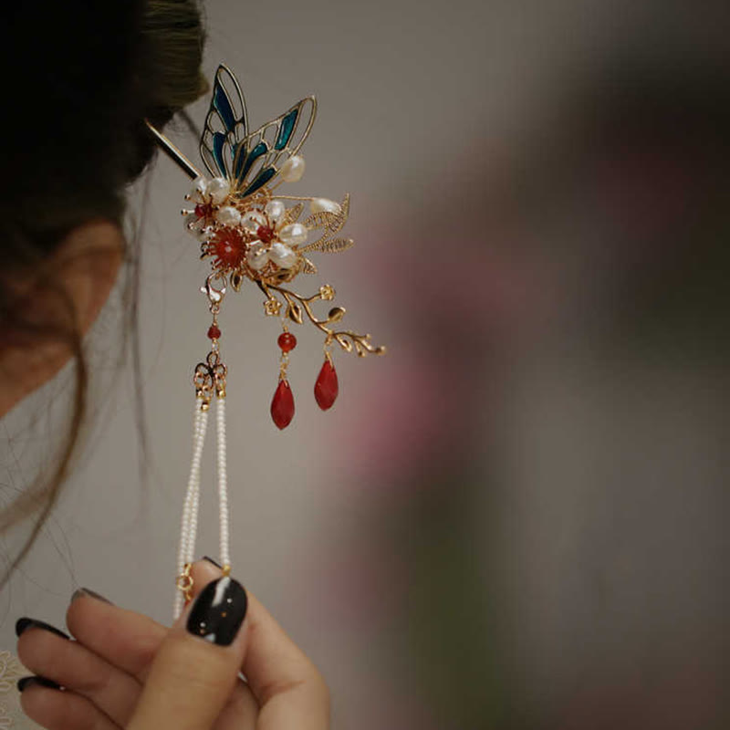 Rote Blume Schmetterling Perle Quaste Haarspange Kamm Krone, spiritueller Schmuck