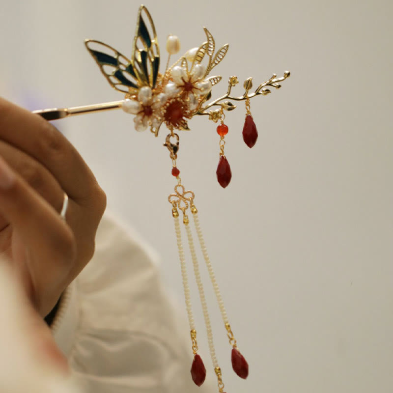 Rote Blume Schmetterling Perle Quaste Haarspange Kamm Krone, spiritueller Schmuck