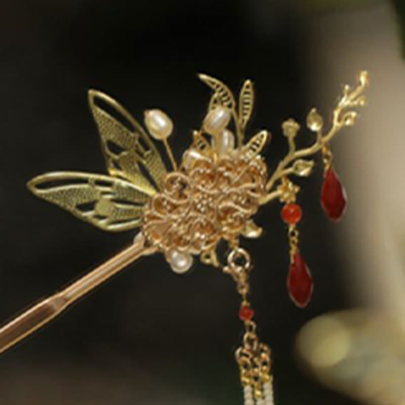 Rote Blume Schmetterling Perle Quaste Haarspange Kamm Krone, spiritueller Schmuck