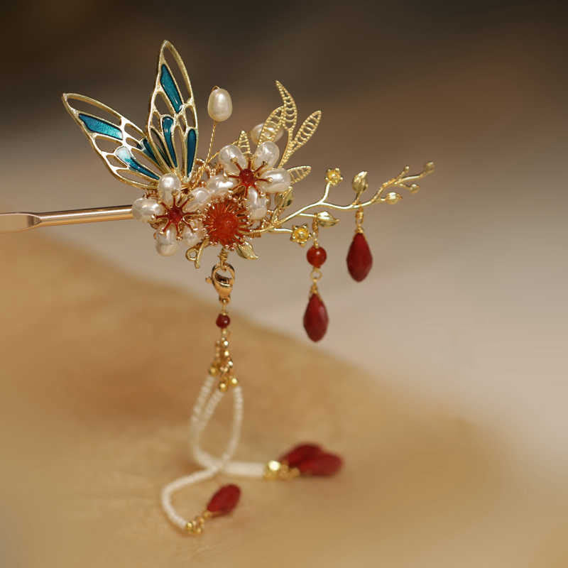 Rote Blume Schmetterling Perle Quaste Haarspange Kamm Krone, spiritueller Schmuck