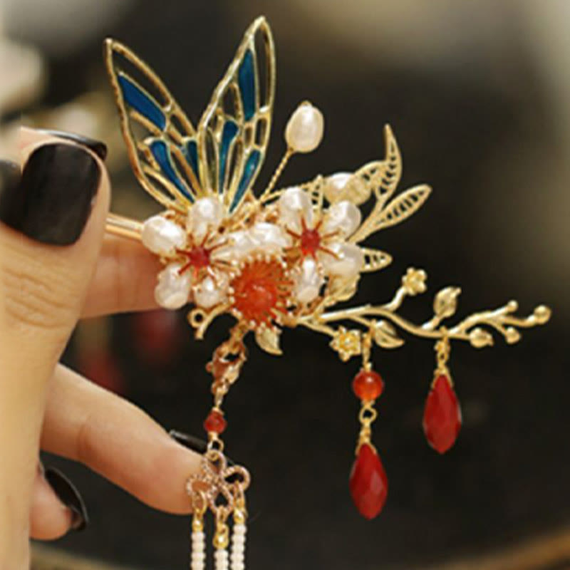 Rote Blume Schmetterling Perle Quaste Haarspange Kamm Krone, spiritueller Schmuck