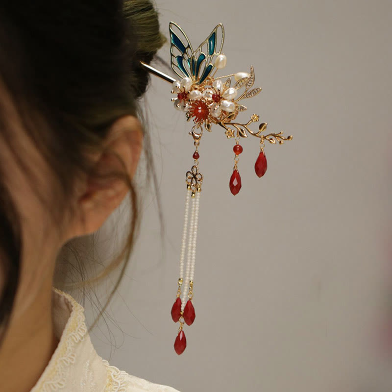 Rote Blume Schmetterling Perle Quaste Haarspange Kamm Krone, spiritueller Schmuck