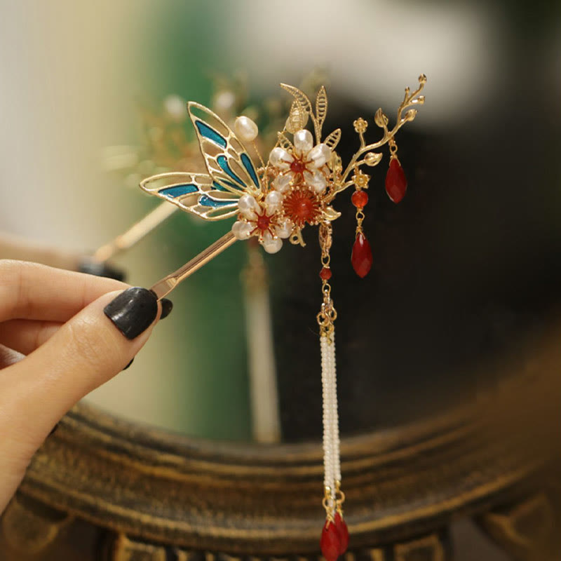 Rote Blume Schmetterling Perle Quaste Haarspange Kamm Krone, spiritueller Schmuck
