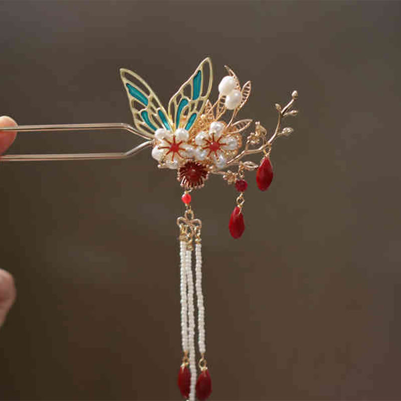 Rote Blume Schmetterling Perle Quaste Haarspange Kamm Krone, spiritueller Schmuck