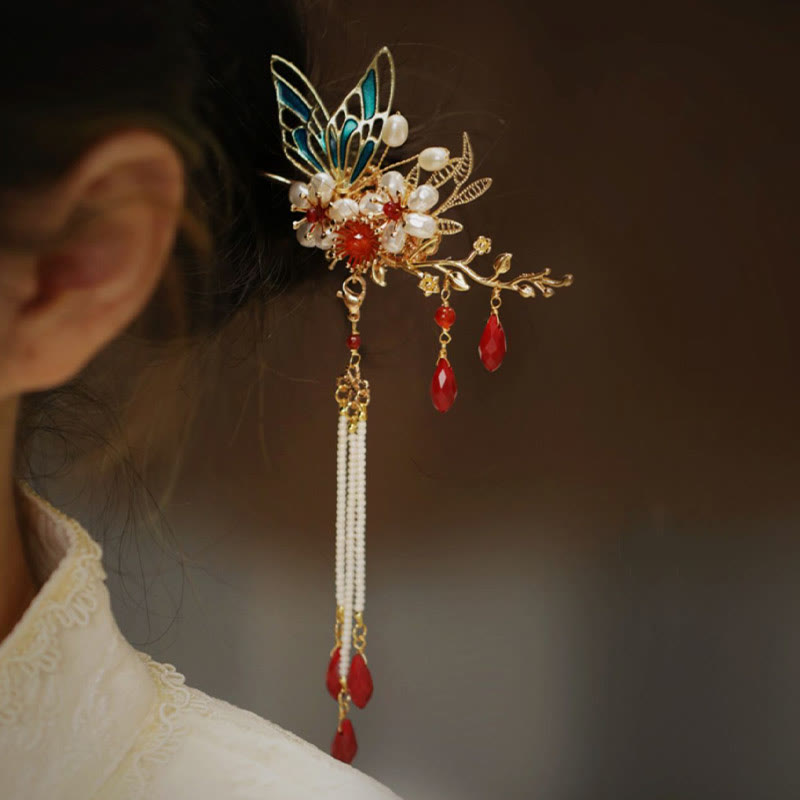 Rote Blume Schmetterling Perle Quaste Haarspange Kamm Krone, spiritueller Schmuck