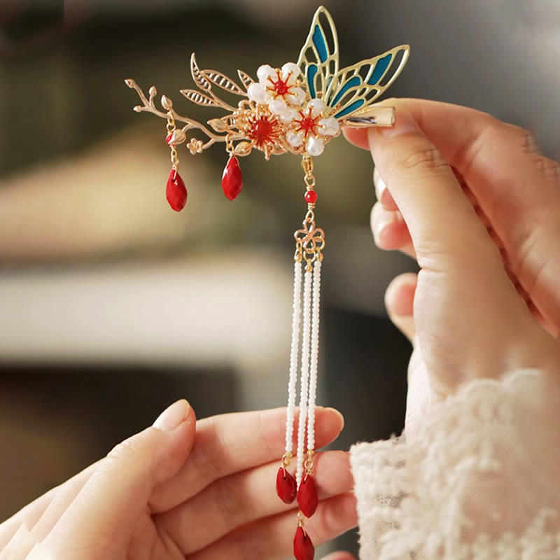 Rote Blume Schmetterling Perle Quaste Haarspange Kamm Krone, spiritueller Schmuck