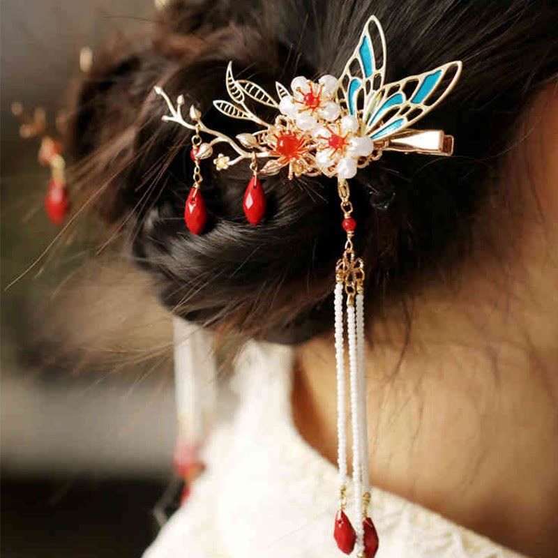 Rote Blume Schmetterling Perle Quaste Haarspange Kamm Krone, spiritueller Schmuck