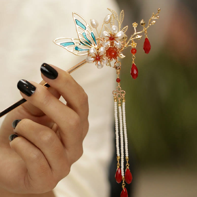 Rote Blume Schmetterling Perle Quaste Haarspange Kamm Krone, spiritueller Schmuck